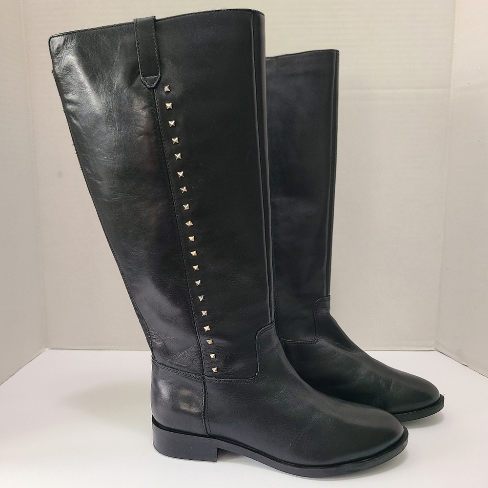 Marc Fisher Secrit Black Studded Leather Knee-High Boots Wide Calf 7.5